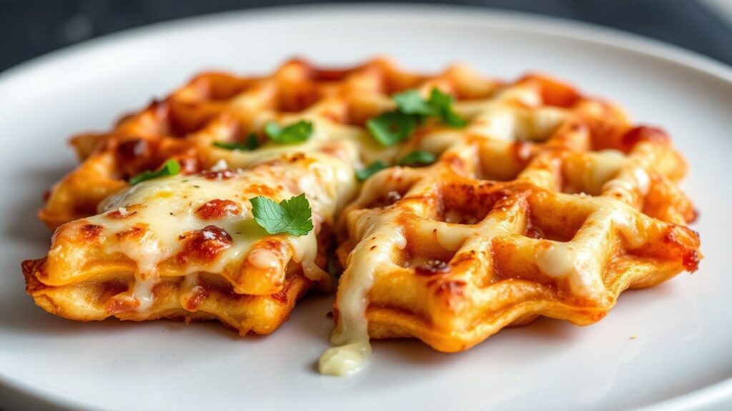 Cheesy keto chaffle pizza with crisp golden edges