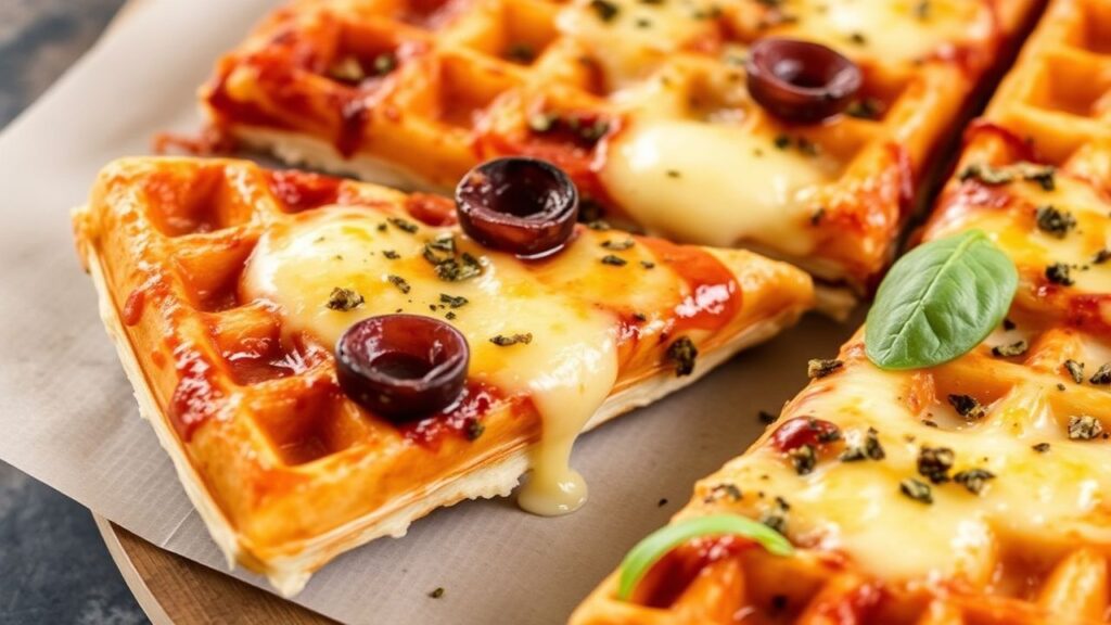 Crispy cheesy keto chaffle pizza topped with savory ingredients