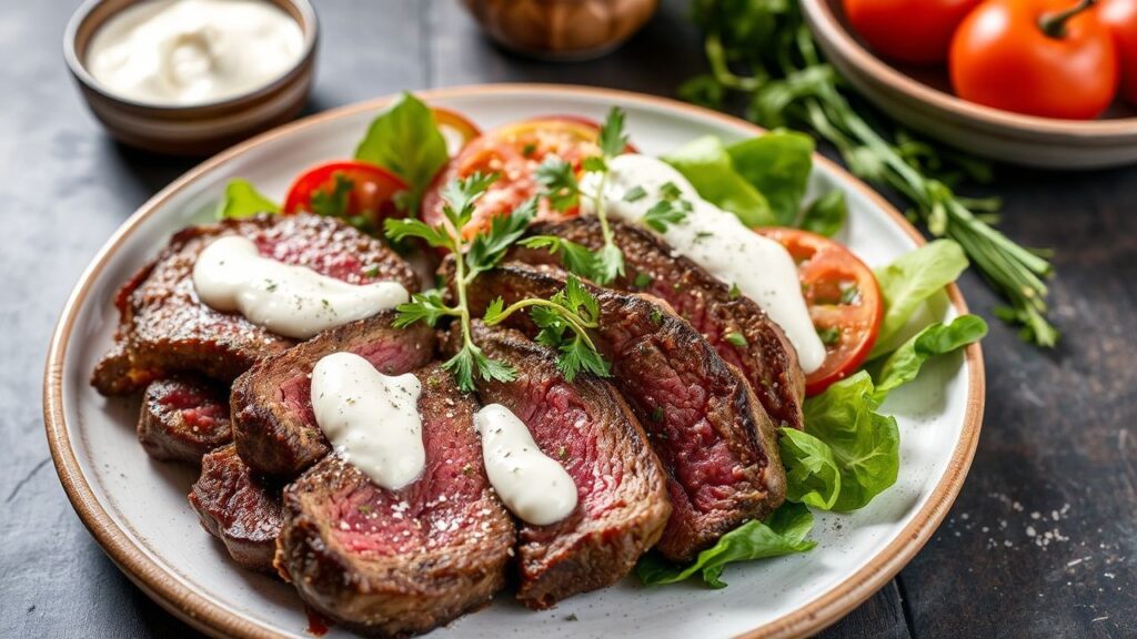 Steak sliced over fresh greens with creamy horseradish dressing
