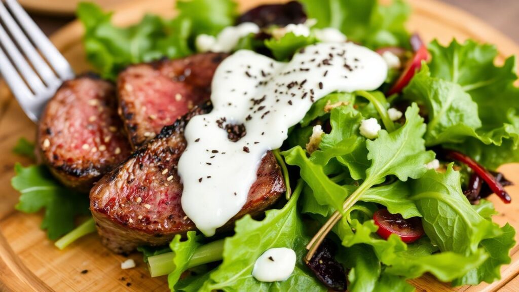 Finished steak salad with creamy horseradish dressing