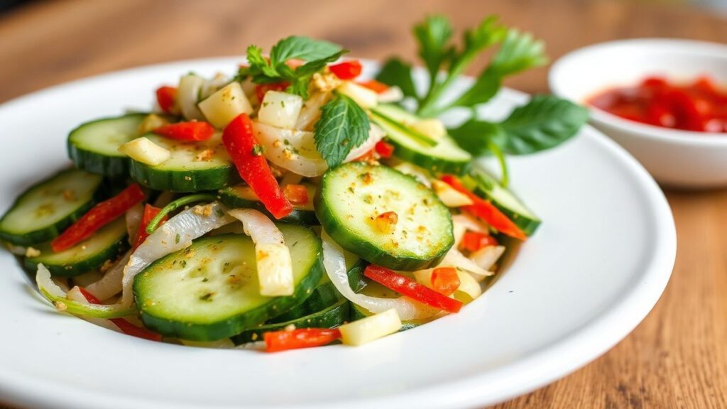 Spicy Asian cucumber salad with ginger, chili, and sesame for a tangy crunch.