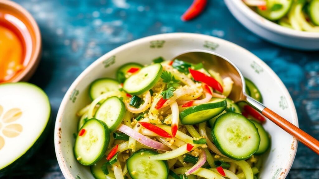 A bowl of spicy Asian cucumber salad with bright herbs and sesame seeds.