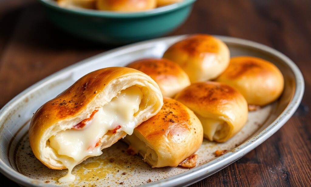 Warm melty cheese-stuffed bread rolls with golden crust, melted cheese filling, six-roll stack.