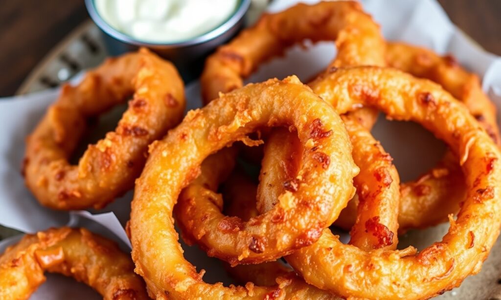 Golden low-carb air fryer onion rings with a crisp crust and tangy dip