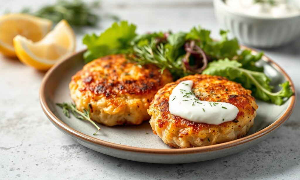 Healthy salmon cakes with dill yogurt sauce and fresh herbs