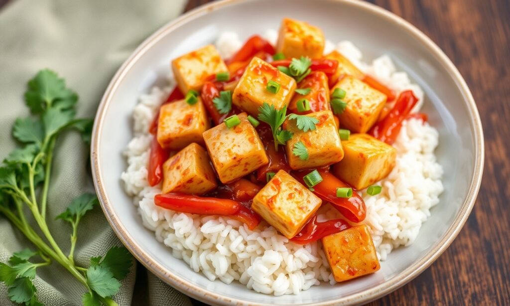 Silky vegetarian mapo tofu in fiery Sichuan-style sauce