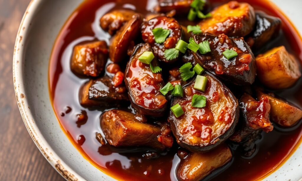 Fiery stir-fried eggplant in bold spicy black bean sauce