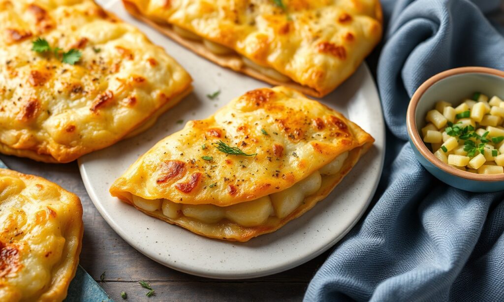 Golden homemade potato stuffed flatbreads on a plate