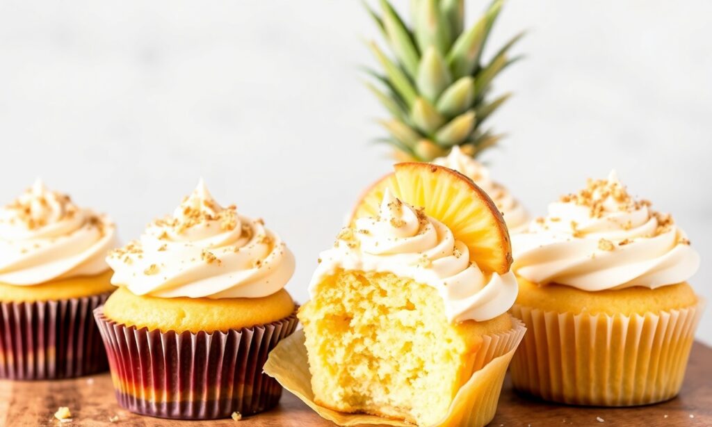 Tropical Piña Colada-Free Cupcakes topped with coconut and fruit-inspired garnish