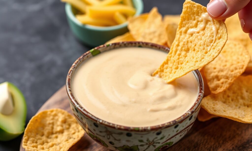 Creamy vegan queso dip made with cashews and nutritional yeast