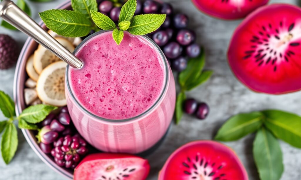 Thick and creamy pitaya smoothie bowl with vibrant toppings