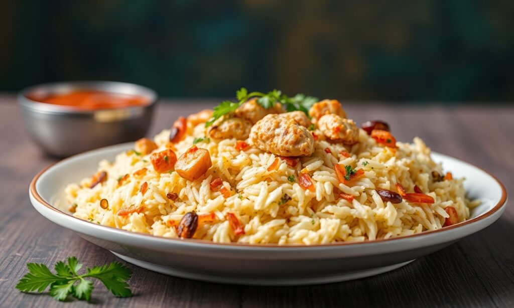 Hyderabadi layered rice with chicken pilaf in layers, served with aromatic garnish