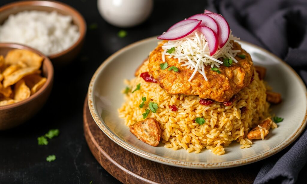 Serving Hyderabadi layered rice and chicken pilaf with garnish