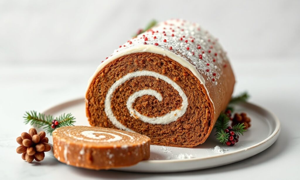 Gingerbread roll cake with warm spices and a cozy holiday look