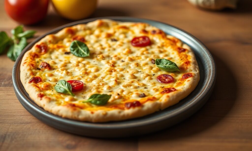 Golden gluten-free chickpea socca pizza crust with crisp edges and a tender center