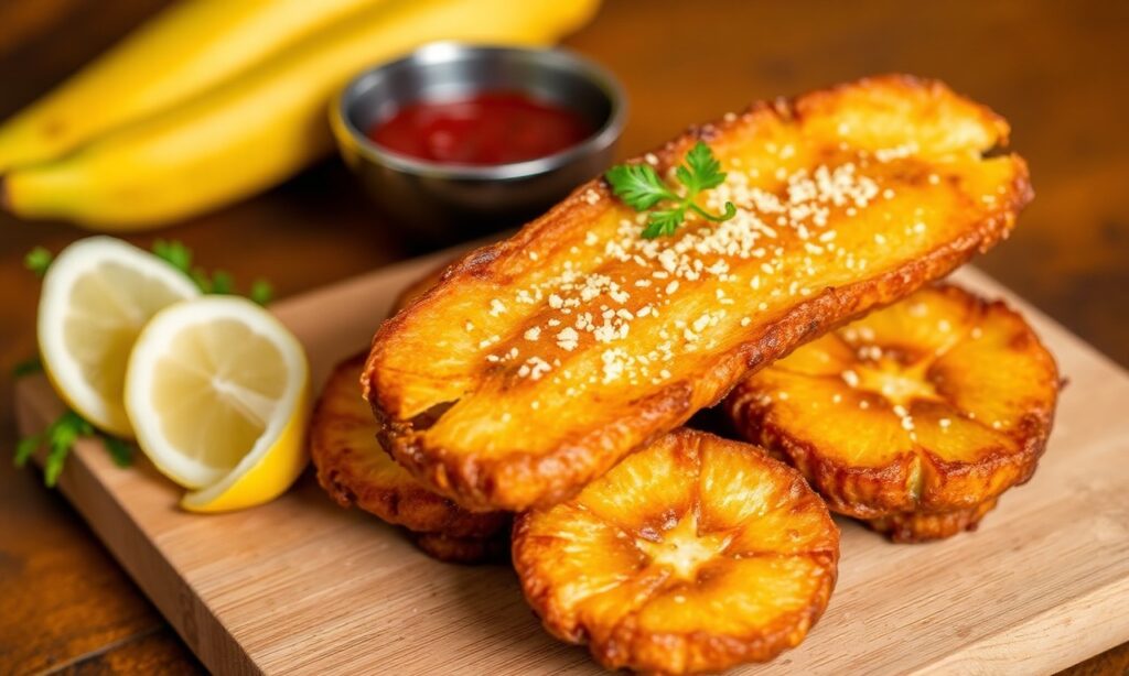 Golden fried plantains (plátanos maduros) with crispy edges