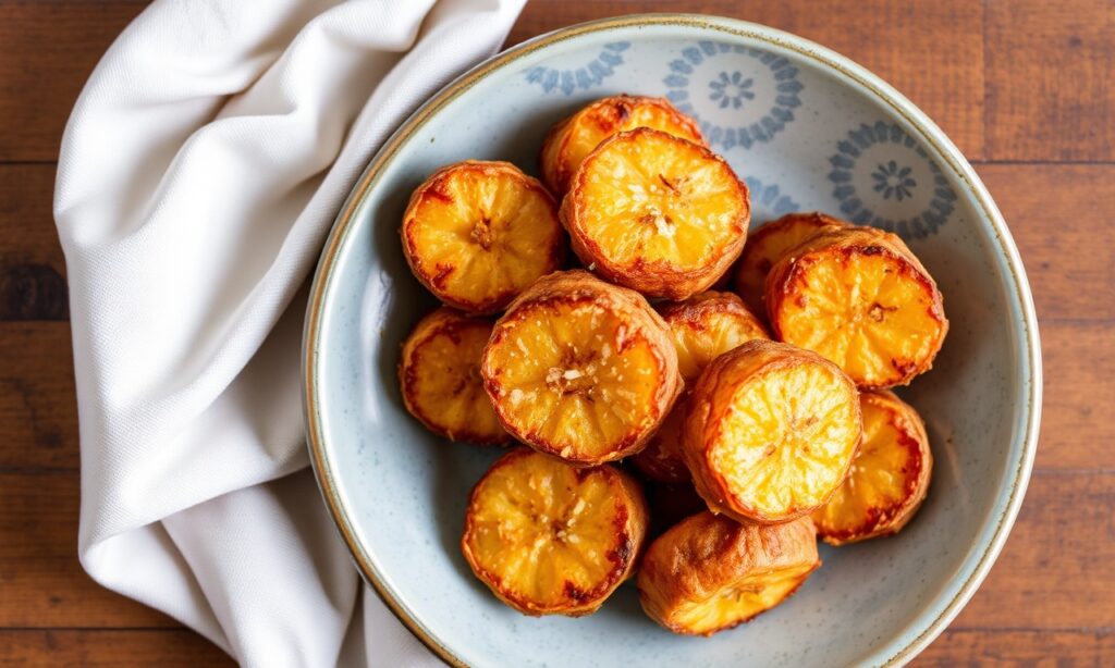 Crispy-edged fried plantains with golden caramel color