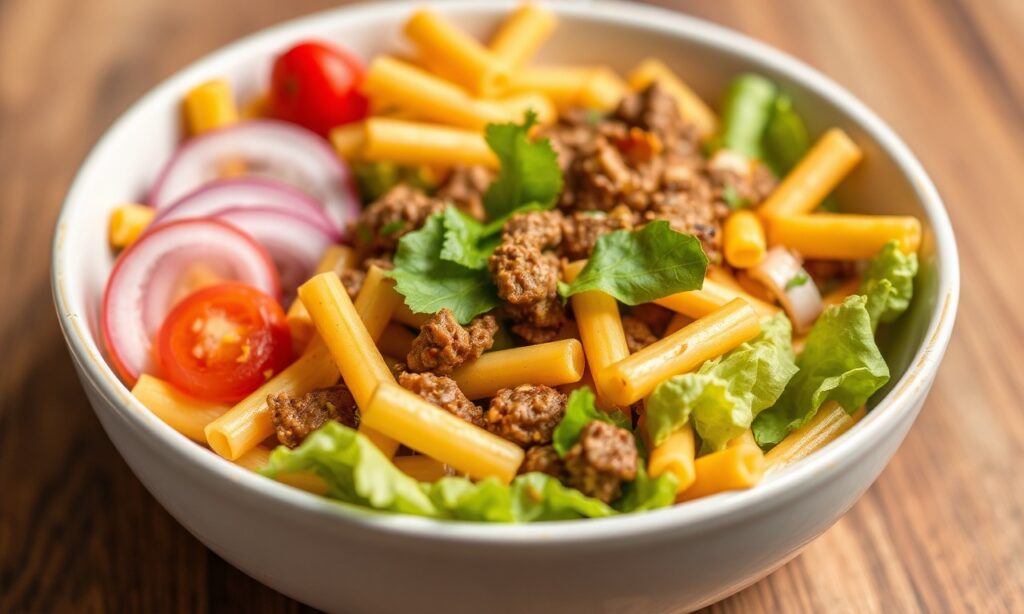 Big Mac salad in a bowl with fresh vegetables and classic sauce flavor
