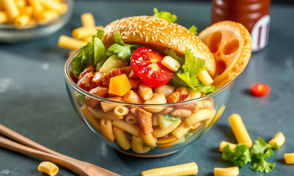 Big Mac salad in a bowl served layered with fresh toppings