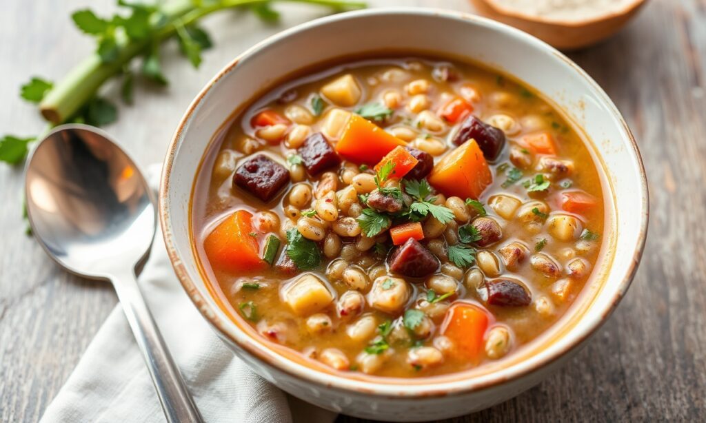 وعاء شوربة شعير خضار دسمة ساخنة، مع مقطع برد الأيام الباردة وراحة لا تُضاهى