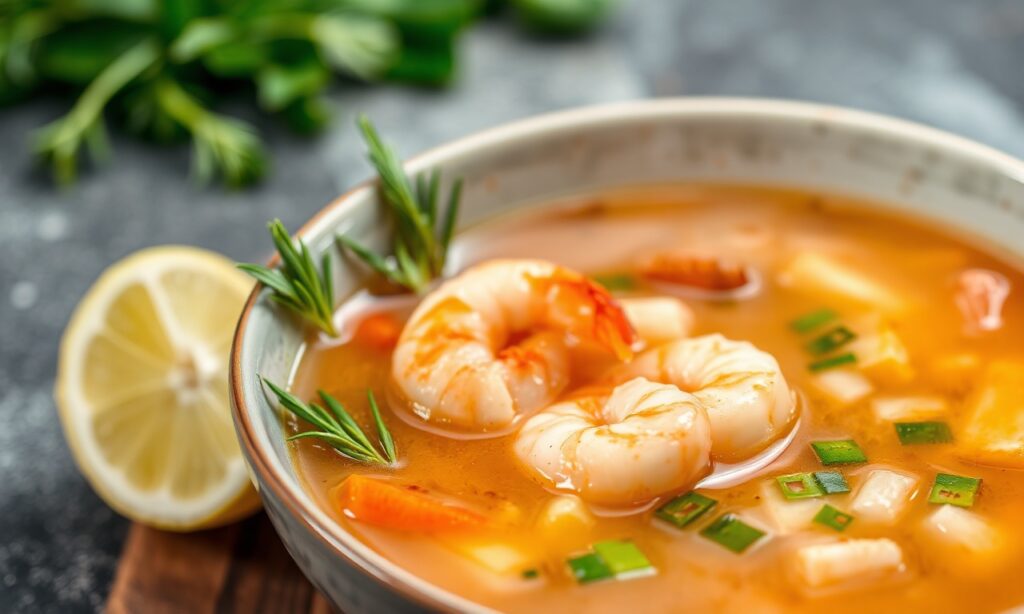Lemongrass shrimp soup in a bright bowl, spicy-sour steam, fresh herbs, confident bold flavor.