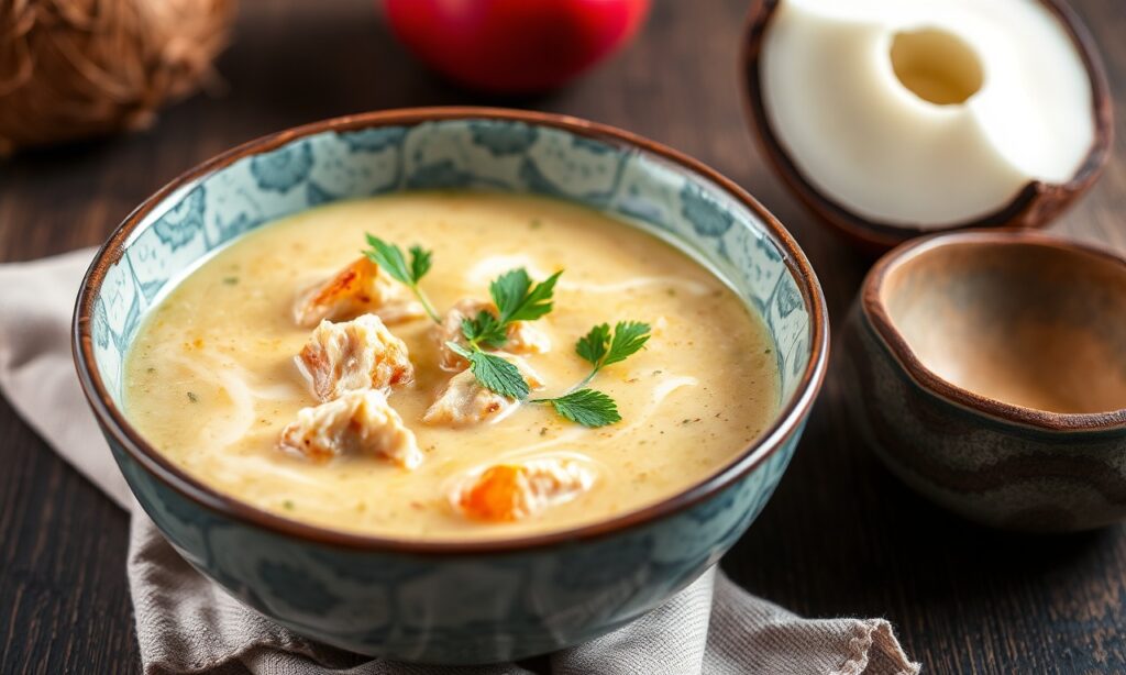 Aromatic chicken and galangal coconut soup in a bowl with herbs