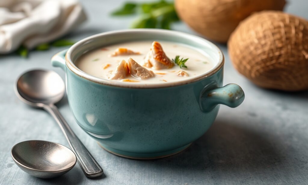 Close view of aromatic chicken and galangal coconut soup with herbs