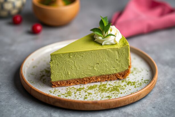 Indulge creamy matcha green tea cheesecake delight, rich and decadent dessert.