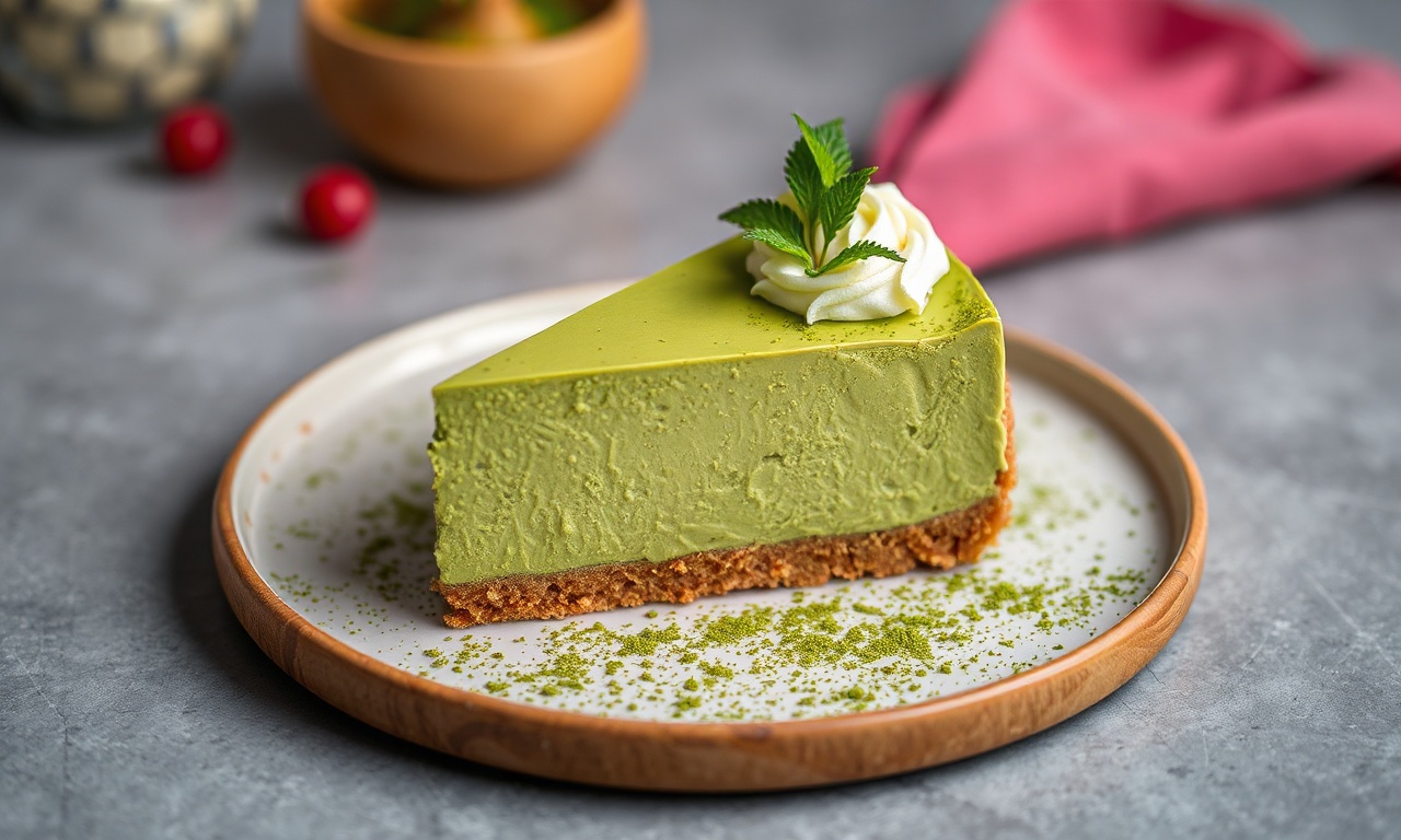 Indulge creamy matcha green tea cheesecake delight, rich and decadent dessert.