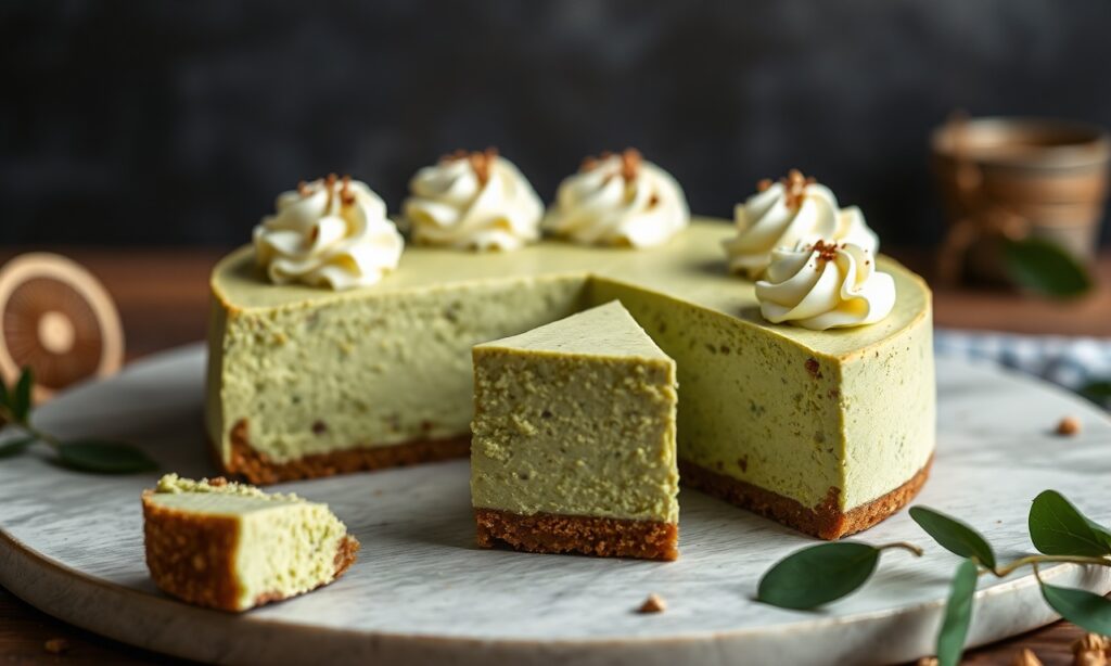 Indulge creamy matcha green tea cheesecake delight, a sophisticated treat.