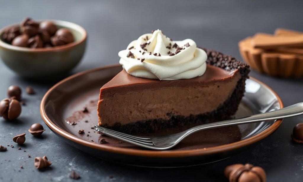 Decadent vegan chocolate silk pie, a guilt-free, mindful delight.