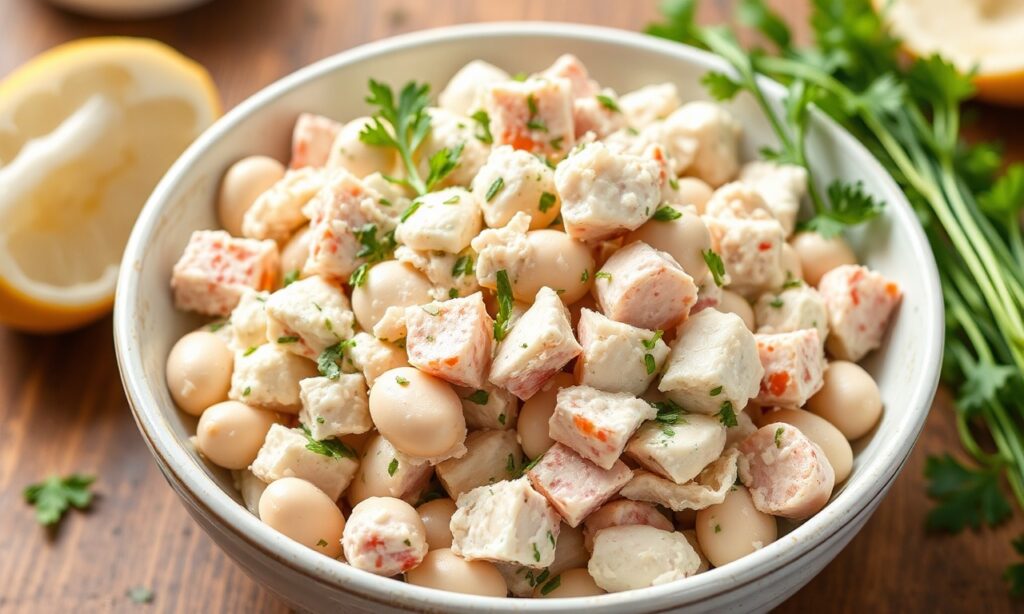 White bean tuna salad with fresh herbs, no mayo, a healthy alternative.