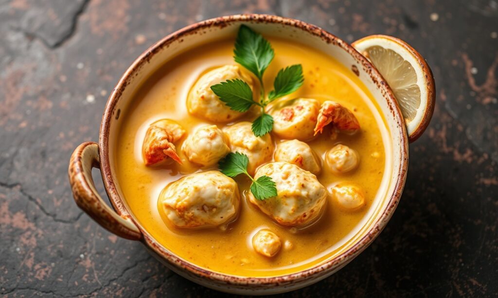 Rich, creamy crab curry with aromatic spices.