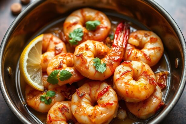 Delicious fiery garlic shrimp sautéed with olive oil and chili flakes.