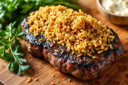 Juicy Brazilian grilled steak with crispy farofa topping.