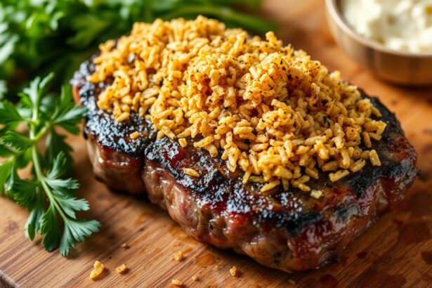 Juicy Brazilian grilled steak with crispy farofa topping.
