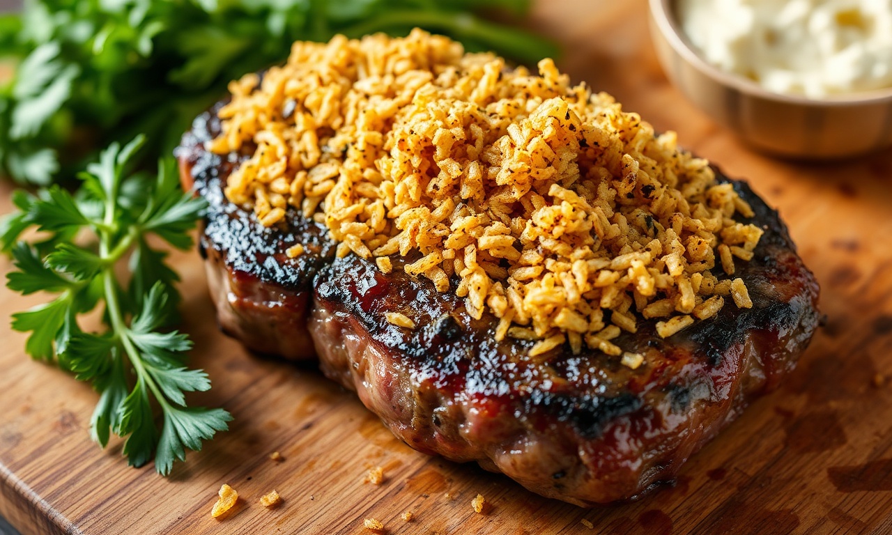 Juicy Brazilian grilled steak with crispy farofa topping.