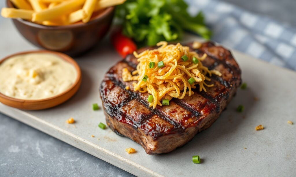 Juicy Brazilian grilled steak with crispy farofa topping.