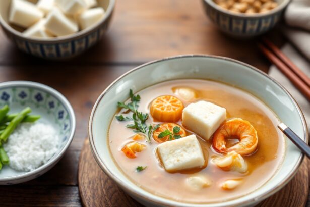 Hearty seafood and tofu soup, rich and thickened delight.