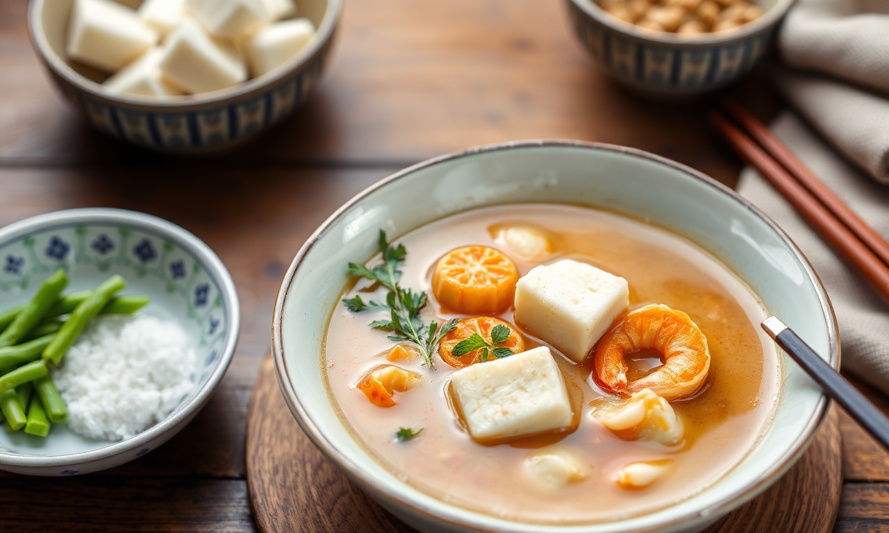 Hearty seafood and tofu soup, rich and thickened delight.