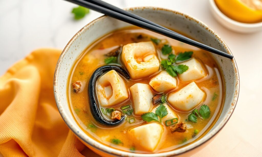 Hearty seafood and tofu soup, rich, thick, comforting delight.