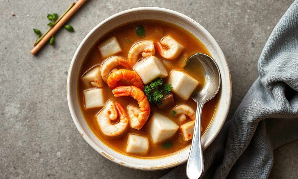 Hearty seafood and tofu soup, rich, thick, comforting delight.