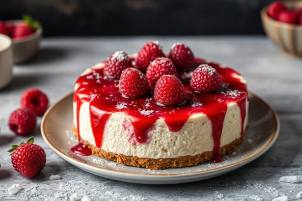 Decadent white chocolate raspberry cheesecake delight with berries.