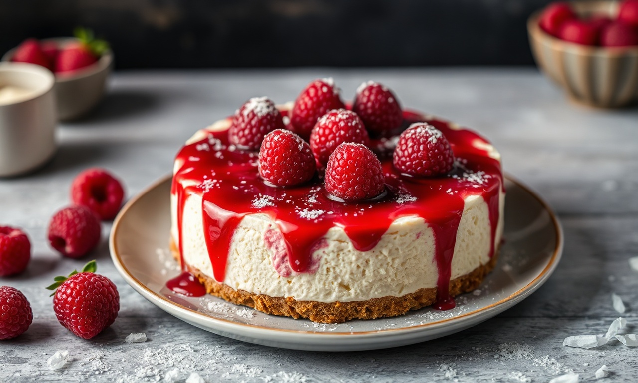 Decadent white chocolate raspberry cheesecake delight with berries.