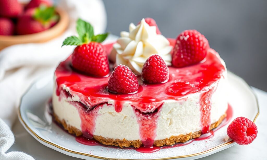 Decadent white chocolate raspberry cheesecake delight, a sweet indulgence.