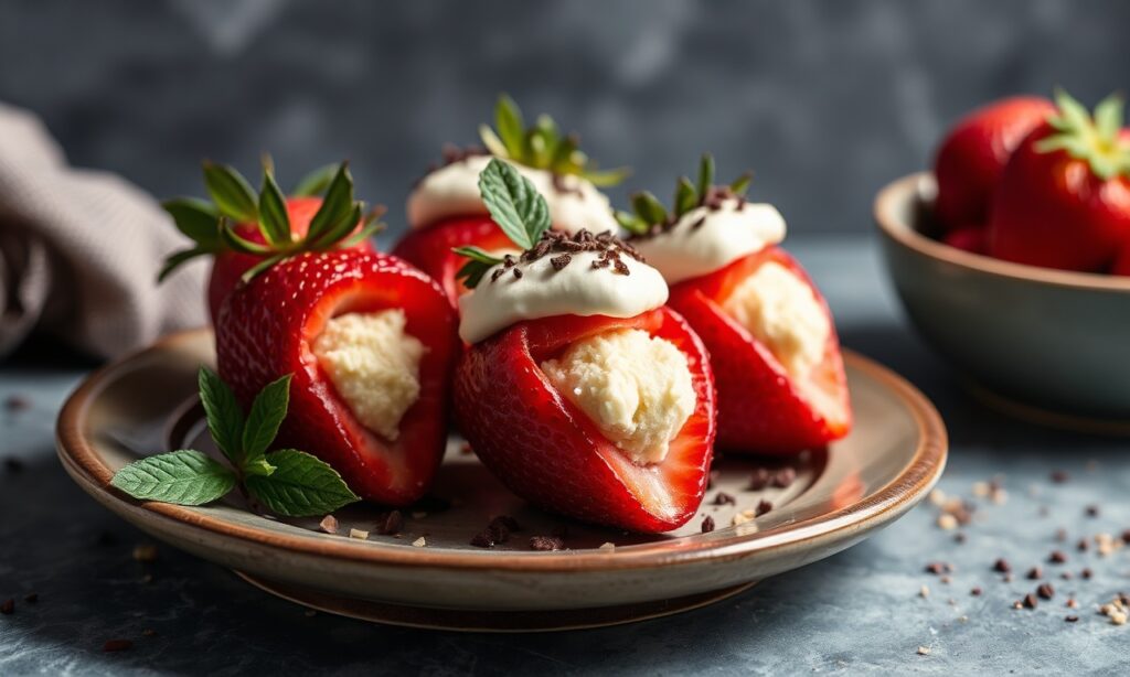 Decadent vegan cheesecake stuffed strawberries, a luscious bite.