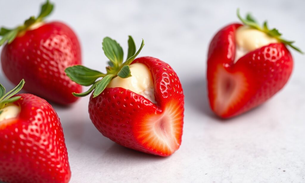 Decadent vegan cheesecake stuffed strawberries, a delightful treat.