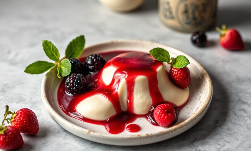 Decadent low-carb panna cotta with vibrant berry sauce.