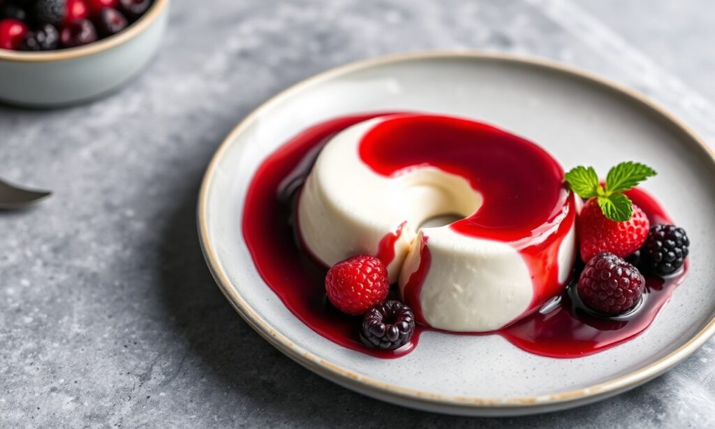 Decadent low-carb panna cotta with berry sauce.