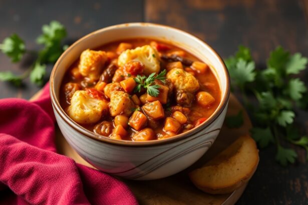 Hearty curried lentil cauliflower stew to warm up.